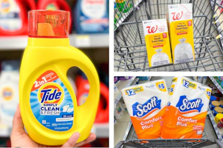 collage image of tide simply detergent, scott toilet paper, and walgreens trash bags
