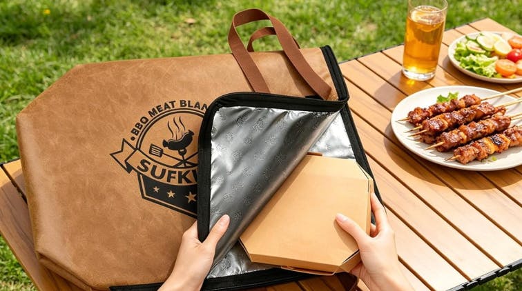 a hand putting a plate of meat in a meat resting bag