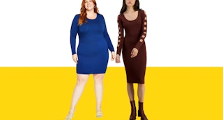 two women wearing dresses