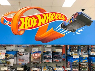 The Hot Wheels signage on the display in the toy section at Target.