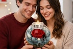 a couple using a preserved rose in their hands
