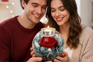 a couple using a preserved rose in their hands