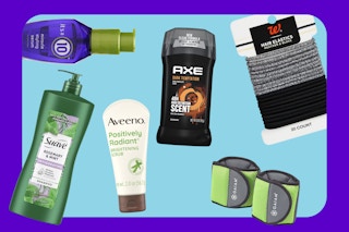 blue and purple collage with suave, aveeno, axe, walgreens, and its a 10 brand items