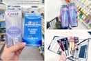 collage image of crest whitening products, loreal elvive shampoo, and makeup