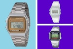 Three Casio watches on a blue and purple background.