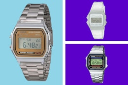 Three Casio watches on a blue and purple background.