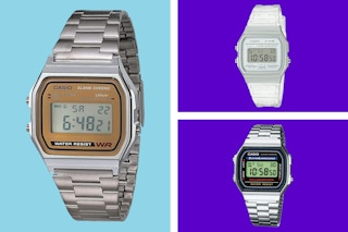 Three Casio watches on a blue and purple background.