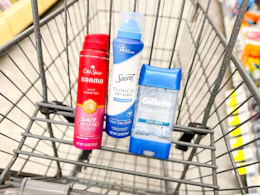 gillette, secret, and old spice in a walgreens cart