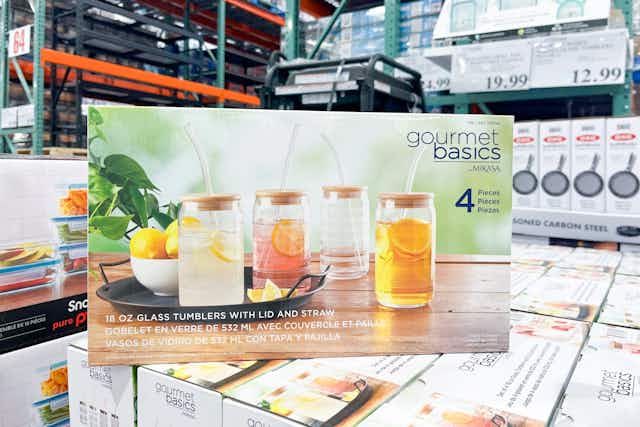 Gourmet Basics Glass Tumblers 4-Pack With Bamboo Lids, Only $13 at Costco card image