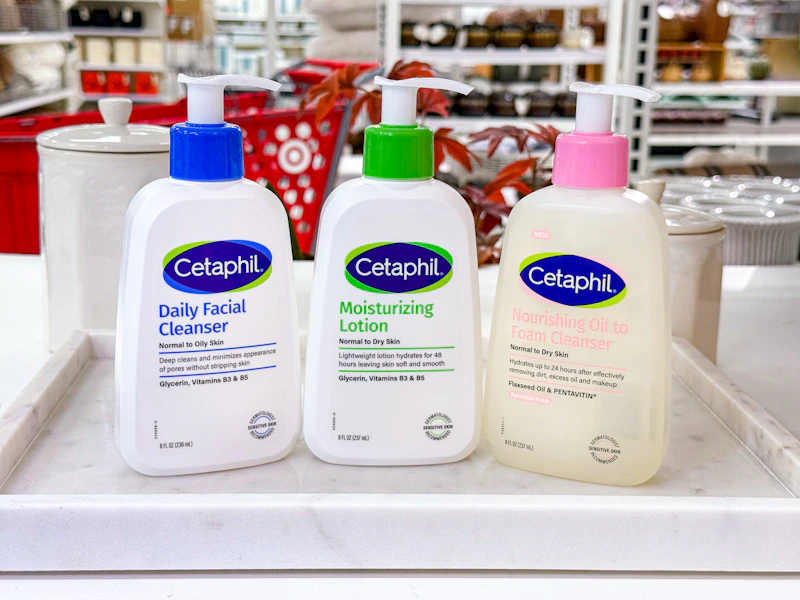 3 cetaphil skin care items sitting on a tray at target