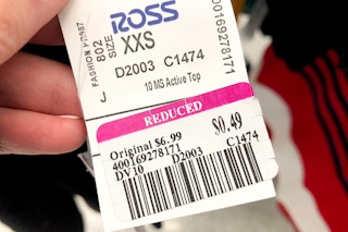 Ross clearance price tag with a pink circle around the final price reading $0.49