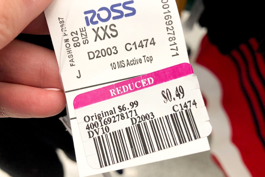 Ross clearance price tag with a pink circle around the final price reading $0.49