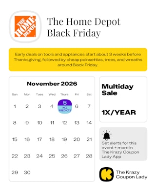 Calendar graphic of the home depot black friday predicted for nov 5 2026