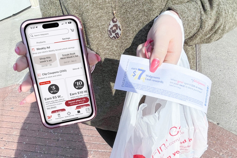 woman holding cellphone with mywalgreens app in one hand and cash rewards and bag in other 