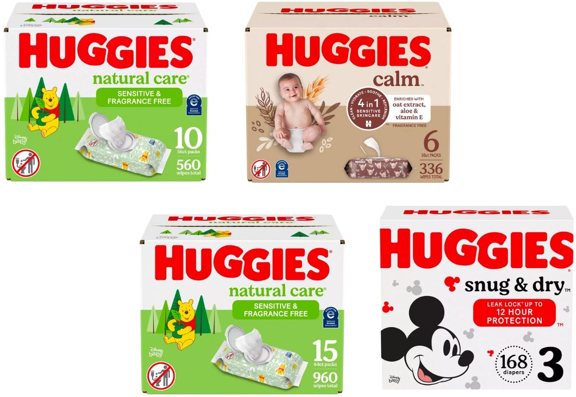 3 Huggies Wipes Boxes and 1 Huggies Diapers Box