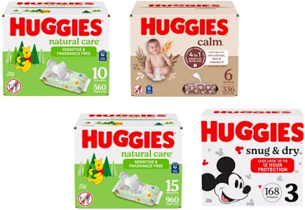 3 Huggies Wipes Boxes and 1 Huggies Diapers Box