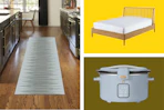 runner rug, wooden Better Homes & Garden bed frame, and light blue slow cooker