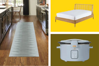 runner rug, wooden Better Homes & Garden bed frame, and light blue slow cooker