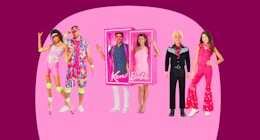 Several different outfits from barbie and ken on pink and burgundy background