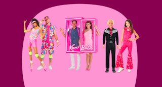 Several different outfits from barbie and ken on pink and burgundy background
