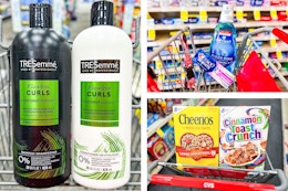 collage image of tresemme shampoo, crest toothpaste and mouthwash, and general mills cereal