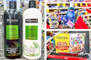 collage image of tresemme shampoo, crest toothpaste and mouthwash, and general mills cereal