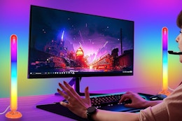 a woman with LED light bars