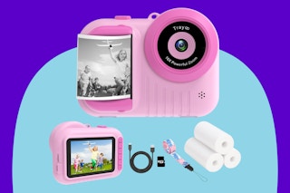 Trayoo Kids Camera Instant Print, 3.5 Inch Screen Kids Digital Camera on a blue background.