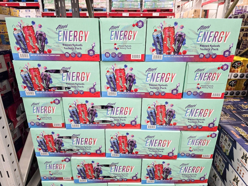 boxes of alani nu energy drinks stacked
