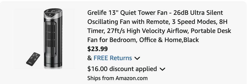 tower fan Amazon receipt