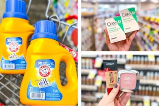 collage image of arm & hammer detergent, cerave cleansing bar, and loreal makeup