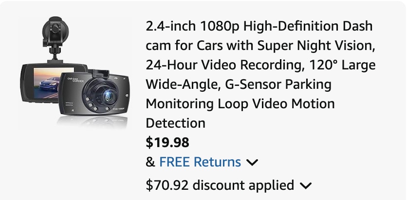 dash cam Amazon receipt