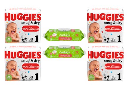 4 Huggies Diapers + 2 Comforts Wipes