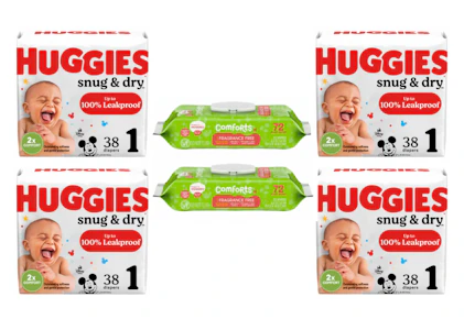 4 Huggies Diapers + 2 Comforts Wipes