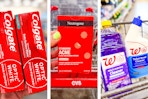 collage image of colgate toothpaste, neutrogena acne patches, and cleaning supplies in a cart