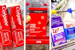 collage image of colgate toothpaste, neutrogena acne patches, and cleaning supplies in a cart