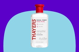 THAYERS Alcohol-Free Rose Petal Witch Hazel Facial Toner on a blue background.