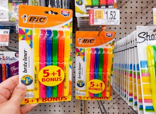 Bic Brite Liner Highlighters held in front of shelf at Walmart. Rollback price tag shows that the price is $1.52, regularly $2.10.