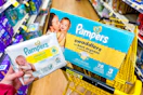pampers baby wipes and swaddlers diapers in yellow shopping cart