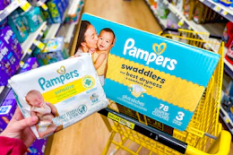 pampers baby wipes and swaddlers diapers in yellow shopping cart