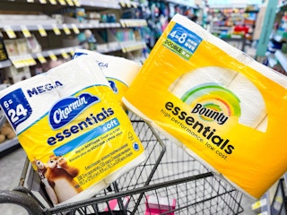 charmin and bounty products in a cart