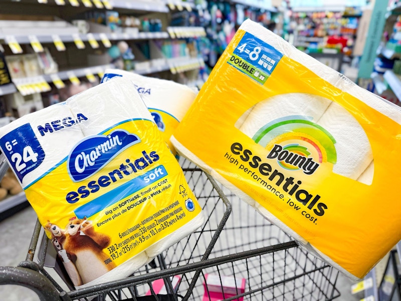 charmin and bounty products in a cart