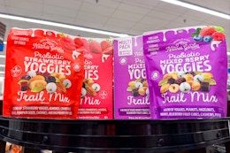 nature's garden yoggies trail mix on store shelf