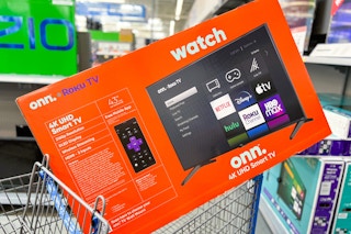 An Onn. 43" Roku TV in a Walmart cart