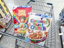 cheerios and cinnamon toast crunch cereal in walgreens cart