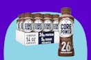 Core Power Protein Shake on a blue background.