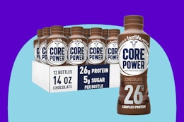 Core Power Protein Shake on a blue background.